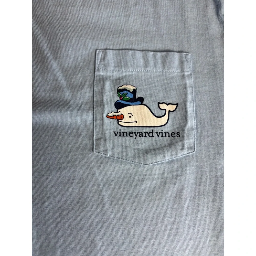 Vineyard Vines Mens Snowman Whale‎ Long Sleeve Pocket T-Shirt Blue M Holiday
